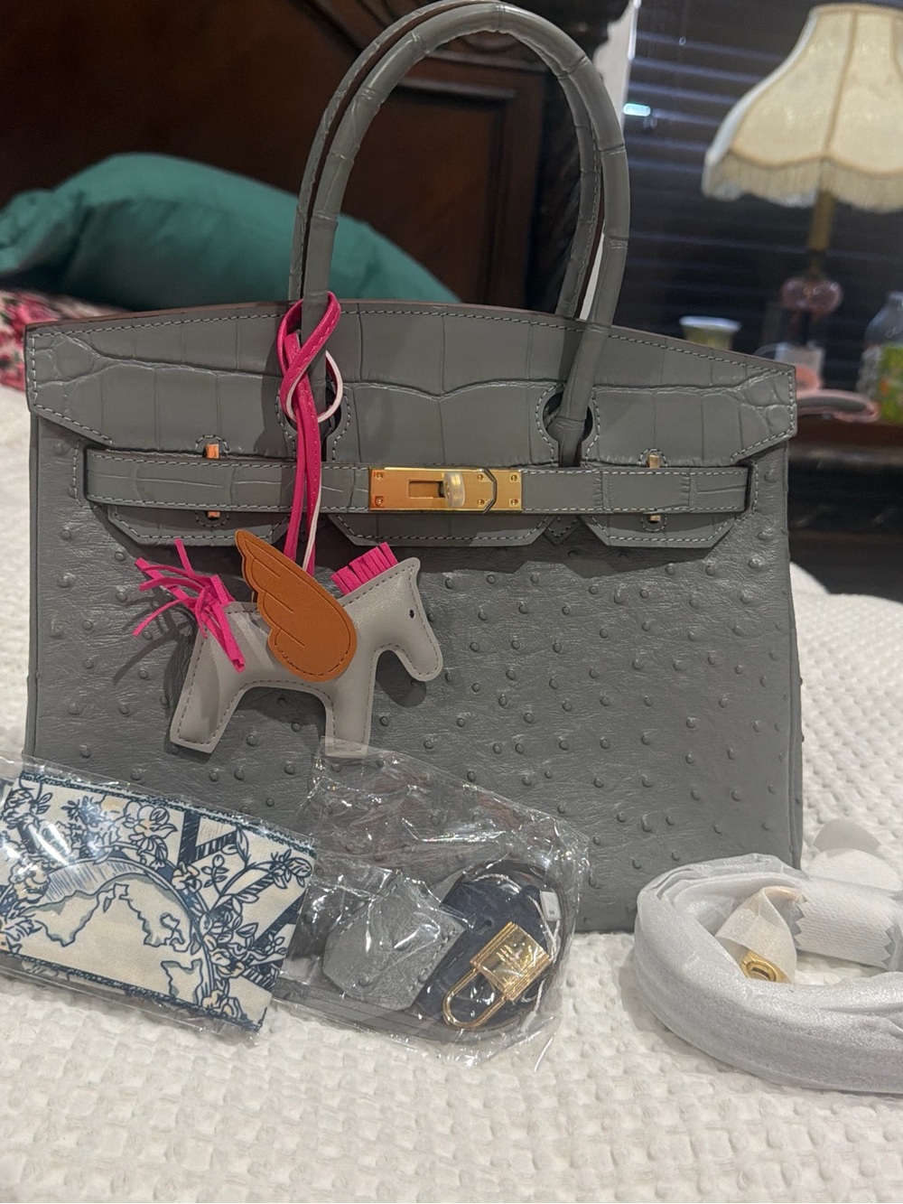 Gray Ostrich-Texture Structured Shoulder Bag with Pink Charm